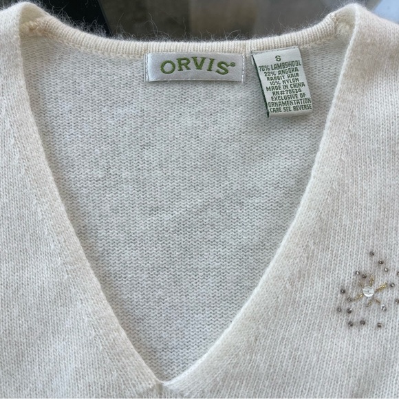 Orvis Tree Embroidered Ivory Angora Wool V-neck Sweater Womens Sz Small Holiday - Picture 3 of 8